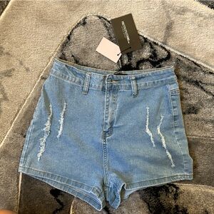 PrettyLittleThing Light Blue Distressed High-Waist Denim Shorts